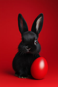 Minimal Easter card with black rabbit with a red Easter egg on the side, against a red background. Cute animal cover