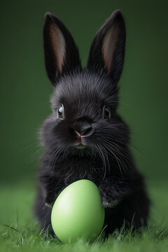 Black rabbit holding a green Easter egg on green grass and green background. Minimal Easter day theme.