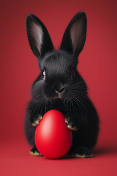 A black rabbit holding a red Easter egg, on a red background. Cute and funny Easter poster. Close up