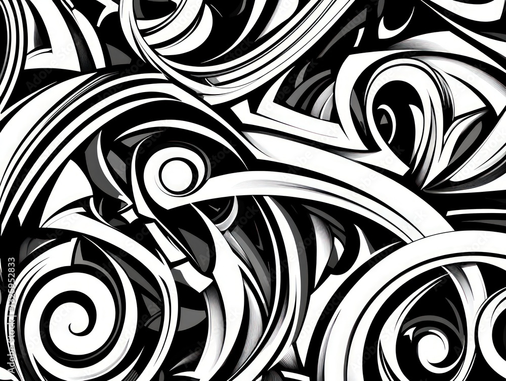 Poster abstract black and white swirling shapes with a dynamic textured pattern creating a sense of movemen