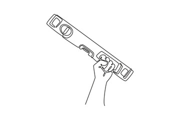 Continuous one line drawing hand of professional male carpenter holding water level meter or spirit level tool in wood workshop. Handyman on duty. Single line draw design vector graphic illustration