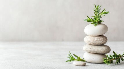 Stacked stones, rosemary sprigs, serene backdrop