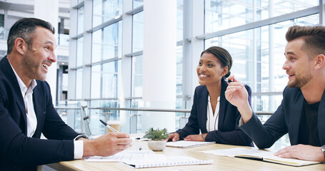 Strategy, business people and happy team in meeting for discussion, brainstorming ideas and accounting. Collaboration, document and planning for investment, bookkeeping and financial report in office