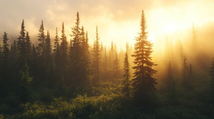 Sunrise through Misty Mountain Forest