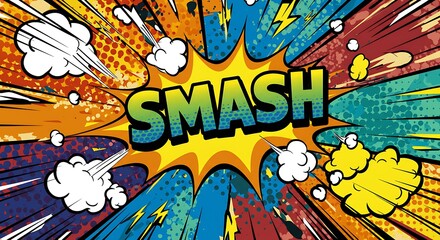 Obraz premium Dynamic Comic Style Smash Effect with Colorful Burst Background for Graphics