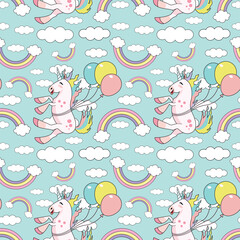 Seamless pattern with unicorn. Unicorn flying in the sky. Balloons and rainbow. Children's pattern.