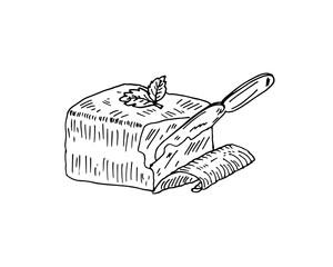 Block butter with knife slicing and mint leaves garnish, hand-drawn food vector.