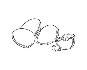 Hand-drawn vector eggs and a cracked eggshell with small fragments around it.