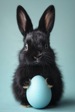 Minimal Easter wallpaper with a black rabbit holding a blue Easter egg and looking at the camera, against a light blue background. Close up. Frontal view