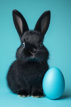Black Easter bunny with a blue egg, isolated on a pastel background. Close-up portrait. Minimal Easter idea