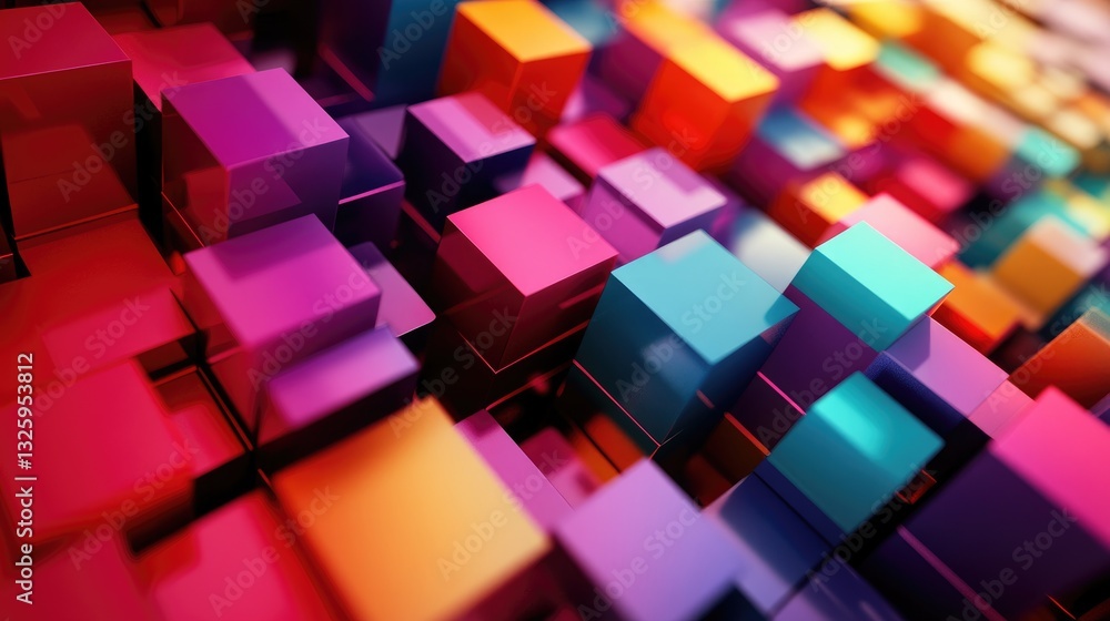 Poster A colorful array of cubes in 3D digital space, creating an abstract, vibrant atmosphere that embodies modernity, digital creativity, and innovation