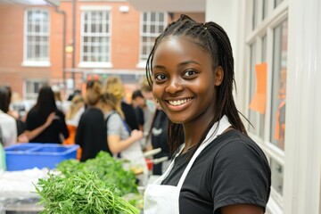 A smiling young woman with fresh herbs at a market stall, wearing an apron and working at a vibrant farmers market with a diverse crowd in the background.