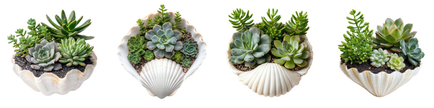 Carefully curated arrangements of thriving succulent plants within natural seashell and ceramic vessels creating a harmonious and serene botanical display for modern interior design