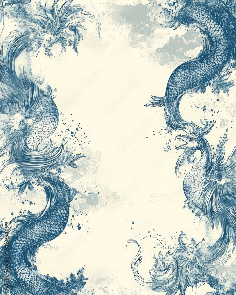Poster abstract digital artwork with blue wavy patterns framing an empty light beige central space creating