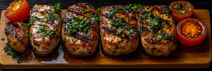 Grilled Chop: A Mouthwatering Still Life of Pork Loin Chops with Parsley and Tomato, Ready to be Served