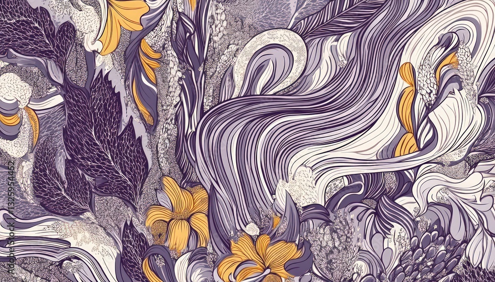 Poster abstract floral pattern in muted tones featuring swirling lines and textured details with stylized y