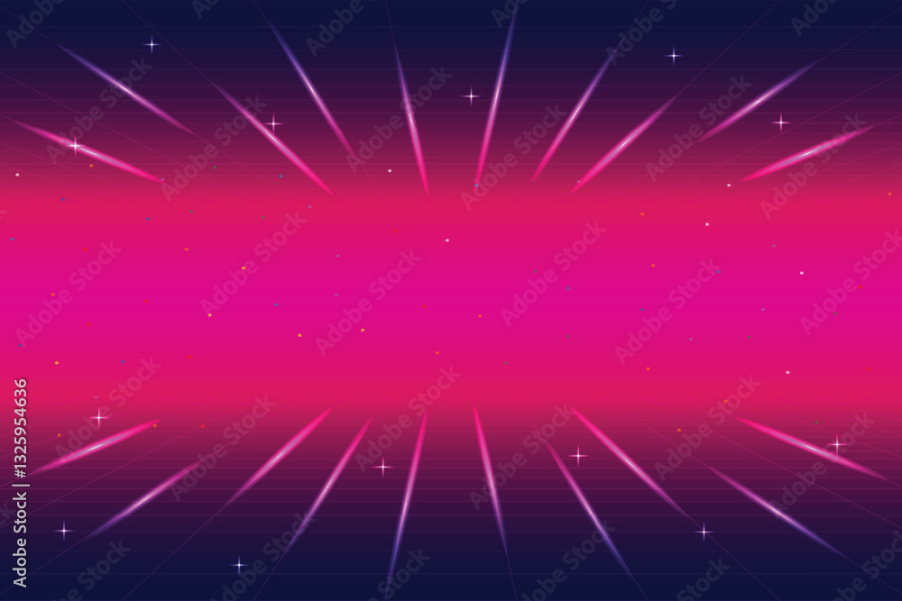 Poster retro cyberpunk style 80s game scene pixel art 8-bit sci-fi background. glowing neon grid and stars 