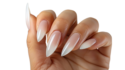 Woman showing long almond shaped acrylic nails with ombre french manicure on transparent background