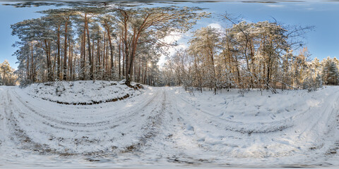 winter full spherical 360 hdri panorama view on pedestrian road in snowy forest in equirectangular projection. VR AR content.