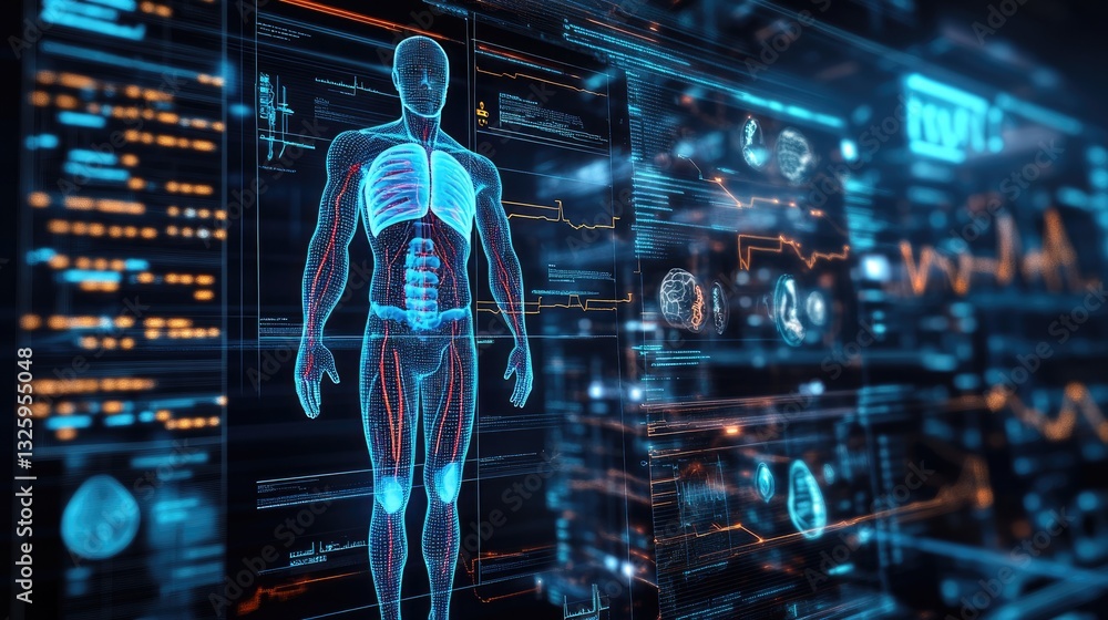 Poster a cutting-edge medical interface with a digital human body and floating health metrics like temperat