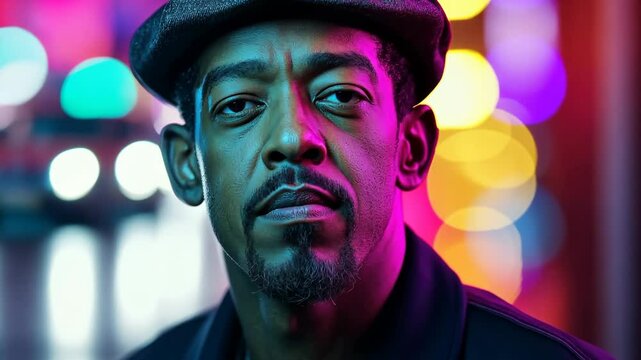 Man with a hat and beard is looking at the camera. The image is in a neon color scheme