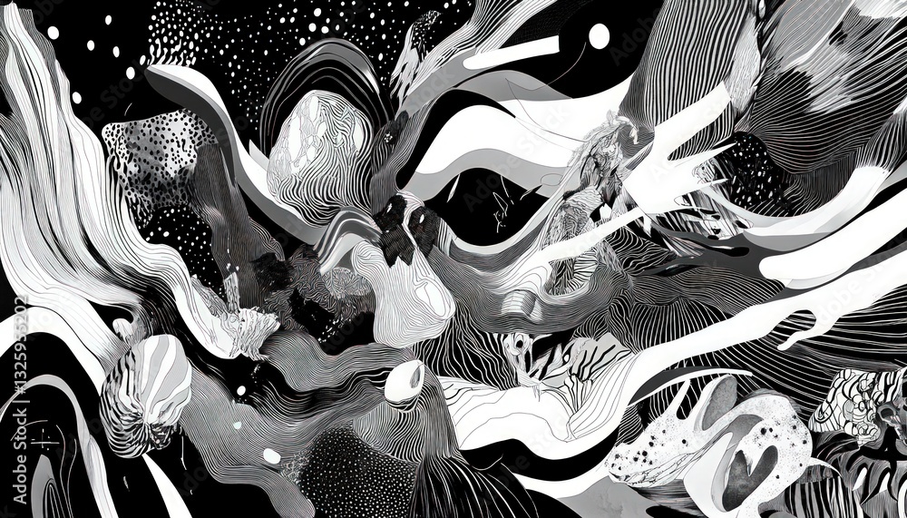 Poster abstract swirling grayscale illustration with digital art textures and dynamic patterns against a da