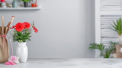 Vibrant Red Gerbera Daisies in White Vase on Elegant Kitchen Table with Soft Background