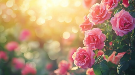 Obraz premium Enchanting spring garden with blooming pink roses in dreamy sunlit panorama
