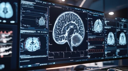 A detailed 3D render of a brain and spinal cord scan from an MRI machine, displayed on multiple windows, with medical software data for research and analysis