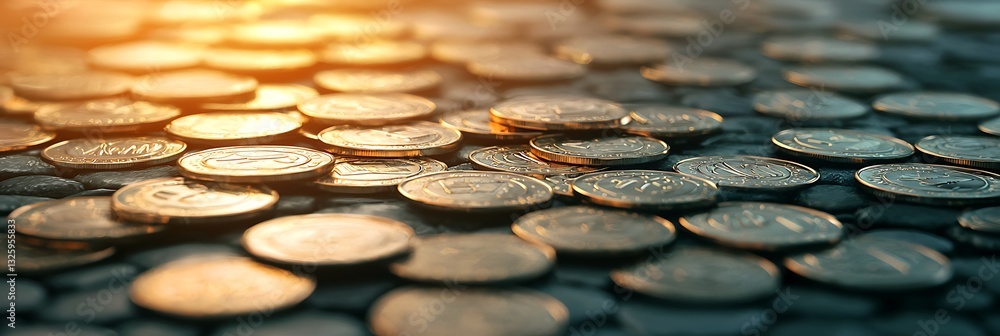 Poster a close-up view of scattered coins glimmering in warm light, creating a rich texture and atmosphere 