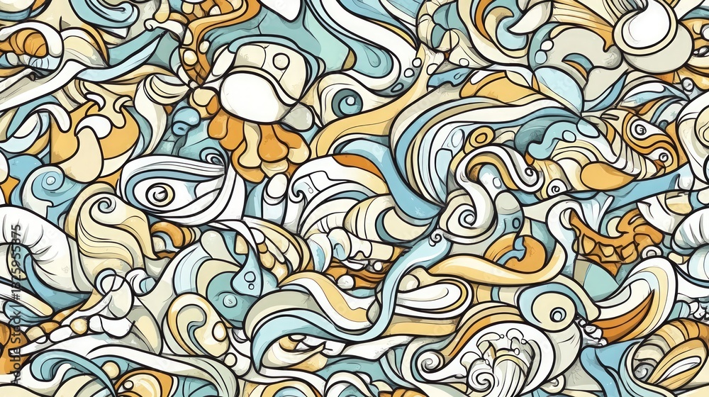 Poster abstract pattern featuring a dense arrangement of swirling lines and organic shapes in a palette of 