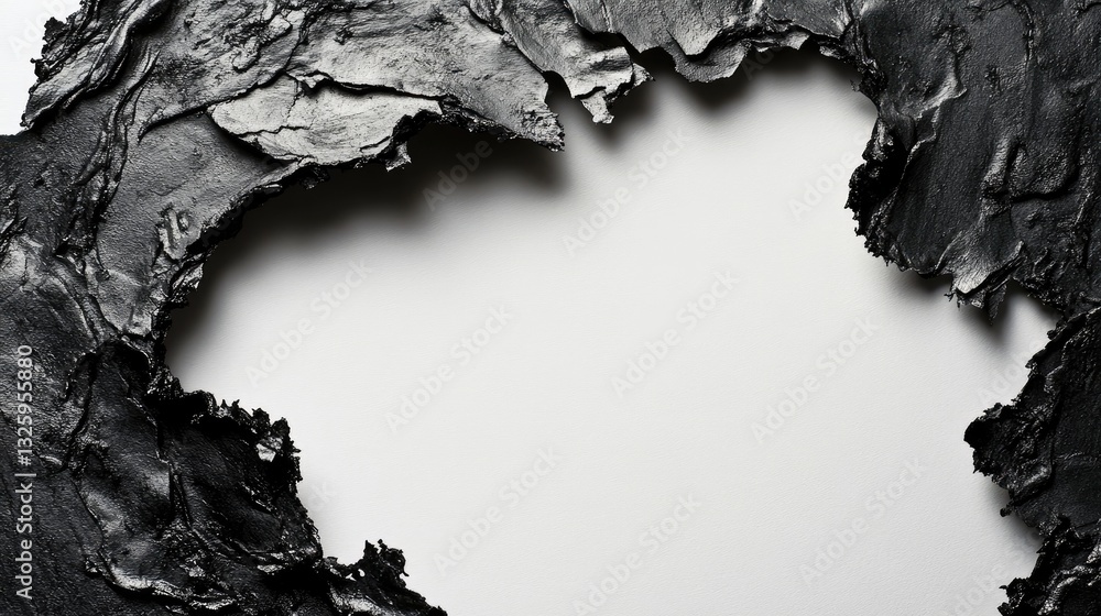 Poster a detailed shot of a burnt hole frame on white paper, the textured edges and blackened paper creatin