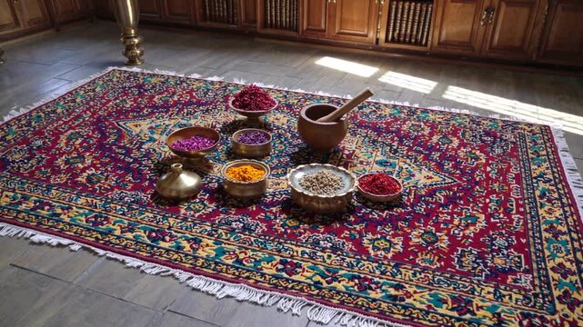 Vibrant array of traditional spices and herbs in bowls on a colorful Persian rug, evoking a timeless apothecary.