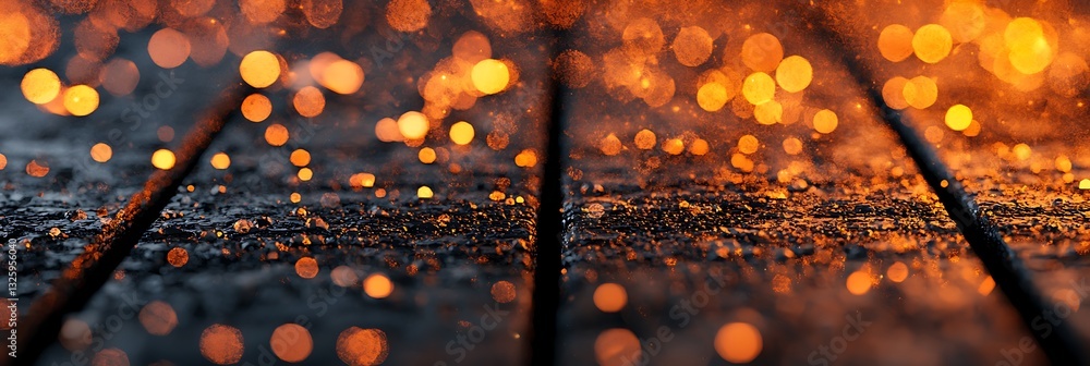 Poster a close-up view of glowing orange sparks and droplets on a textured surface, creating a warm, atmosp