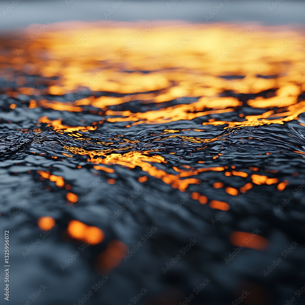 Poster a close-up view of shimmering water reflecting warm orange hues, creating a captivating interplay of