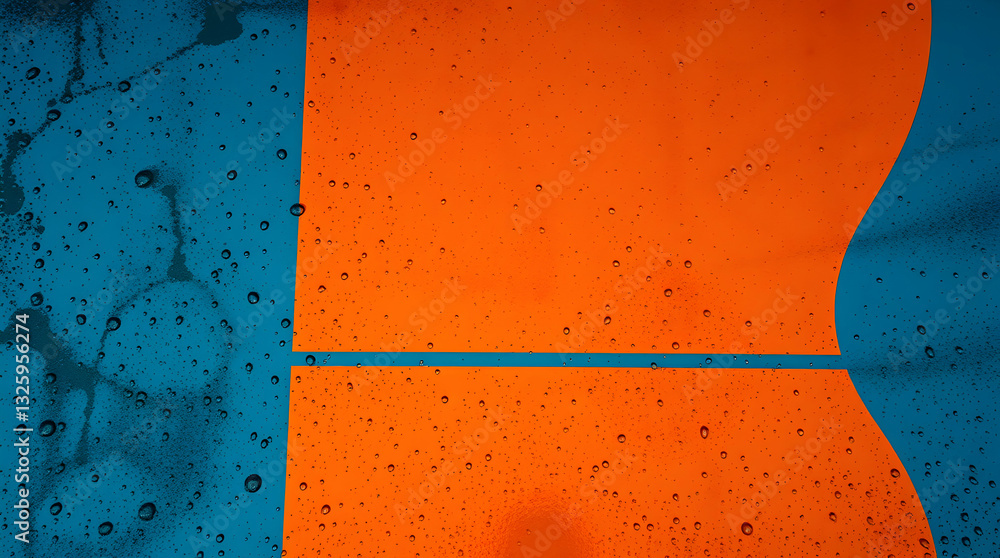 Poster geometric abstract with orange shapes on a blue textured background, creating a bold and contrasting