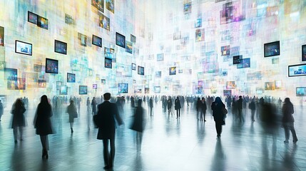 Obraz premium Crowd in Futuristic Gallery with Digital Displays and Colors