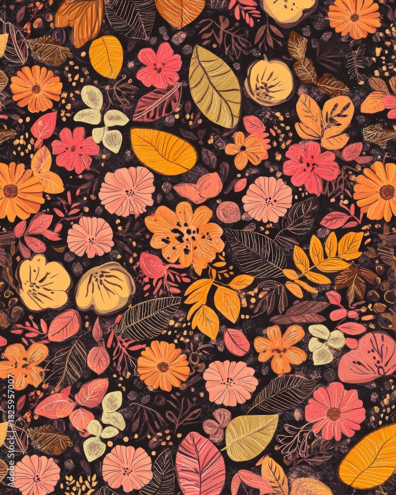 Poster illustration of floral pattern in autumnal tones features an array of flowers and leaves with a dark