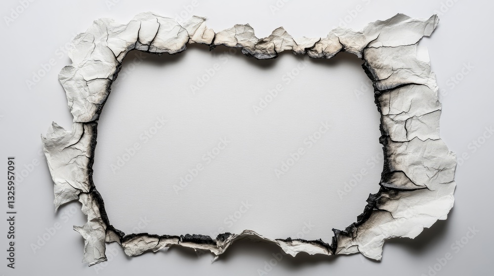 Poster A dramatic image of a paper frame with a burnt hole in the middle, showcasing the unique texture and blackened marks, isolated on a white surface