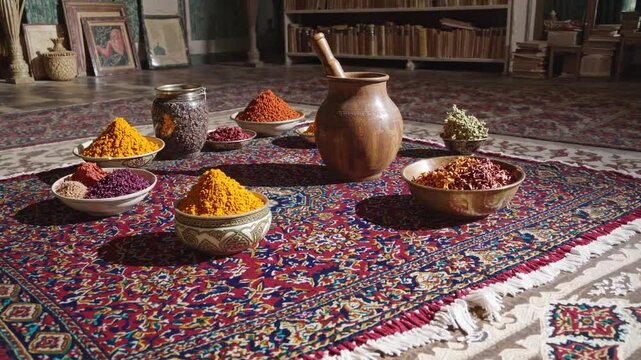 A traditional Persian or Middle Eastern setting with vibrant spices and herbs displayed on an ornate rug.
