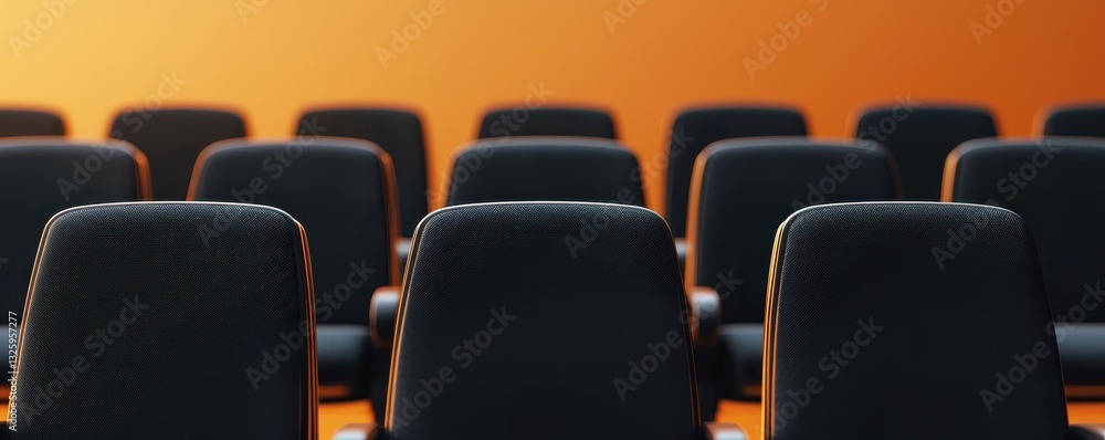 Poster a row of black chairs against a warm orange background, creating a sense of depth and perspective.