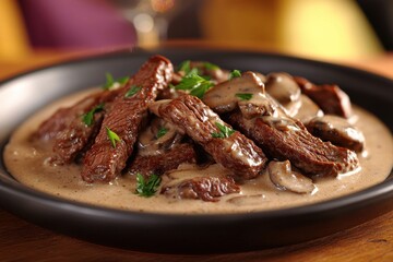 Delicious beef stroganoff with creamy mushroom sauce served on a black plate, garnished with fresh parsley, perfect for a warm and comforting meal in a restaurant.
