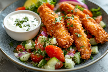Fototapeta premium Crispy fried fish fingers served with fresh colorful salad and creamy dip red food meal sauce onion