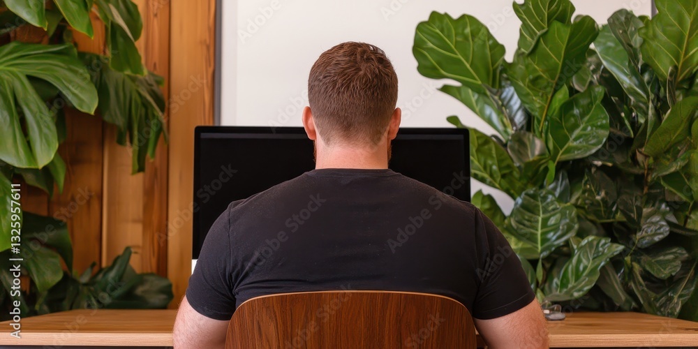 Poster a person sits at a desk facing a computer monitor, surrounded by lush green plants in a cozy workspa