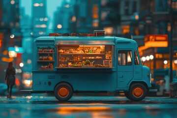 Obraz premium A charming vintage food truck with a glowing interior showcasing a variety of delicious culinary offerings, inviting city dwellers to enjoy a tasty meal.