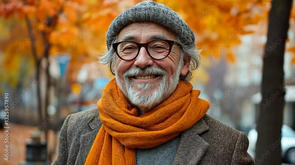Aufkleber man wearing a scarf and a hat is smiling. he is standing in front of a tree with leaves that are ora