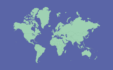 World Map in green color on blue background. Silhouette of all continent. Flat minimalist design.