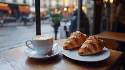 Delicious parisian coffee shop breakfast croissants latte morning cup food cafe city cozy brown drink