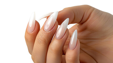 Woman showing long almond shaped baby boomer french manicure on transparent background