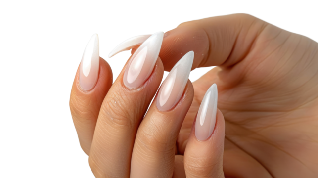 Woman showing long almond shaped baby boomer french manicure on transparent background